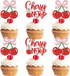 24 PCS She's the Cherry On Top Cupcake Toppers Glitter Sweet Cherry Cupcake Picks Cherry On Top Baby Shower Decorations for Fruit Theme Wedding Bridal Shower Birthday Party Cake Decorations Supplies