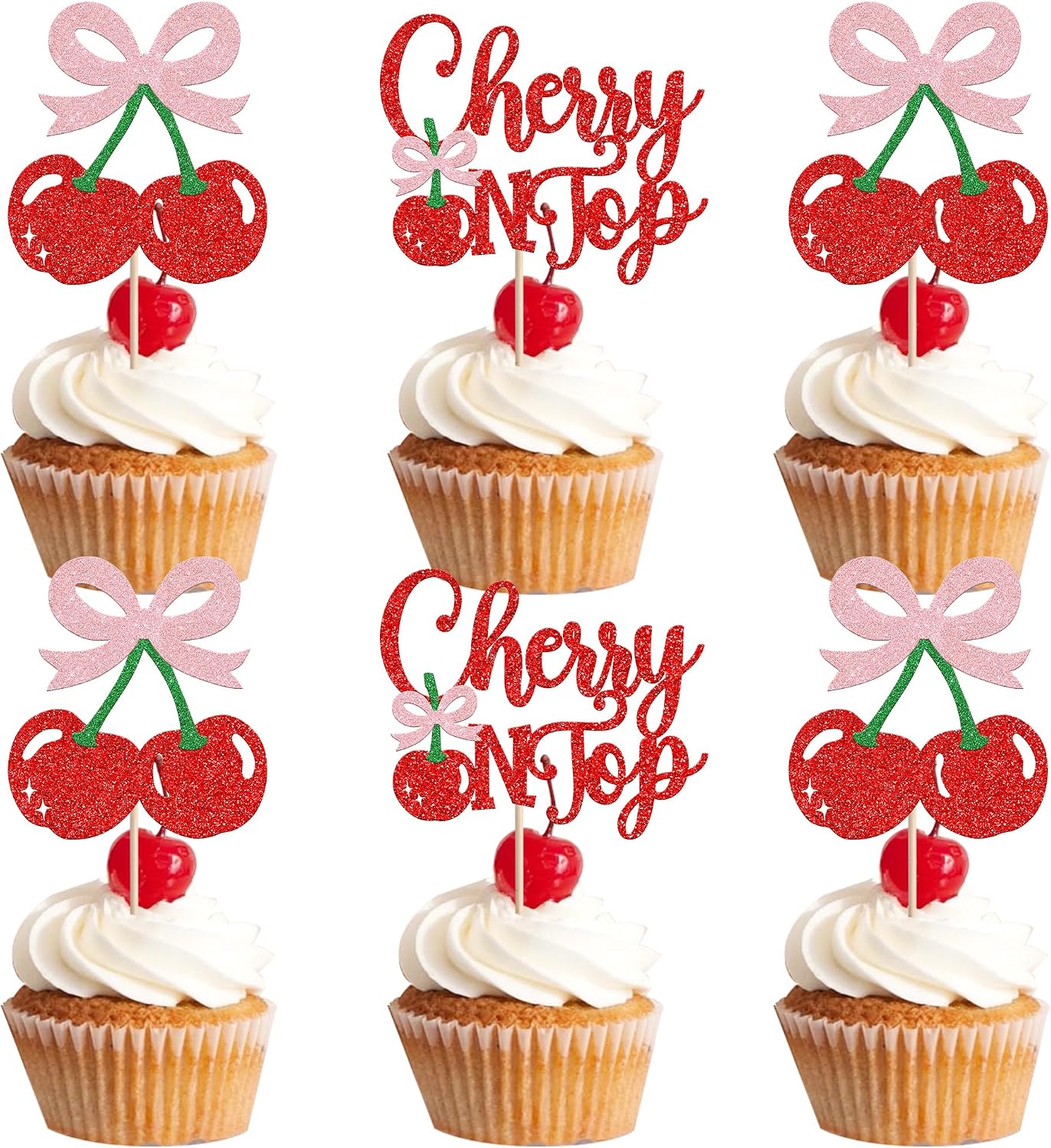 24 PCS She's the Cherry On Top Cupcake Toppers Glitter Sweet Cherry Cupcake Picks Cherry On Top Baby Shower Decorations for Fruit Theme Wedding Bridal Shower Birthday Party Cake Decorations Supplies