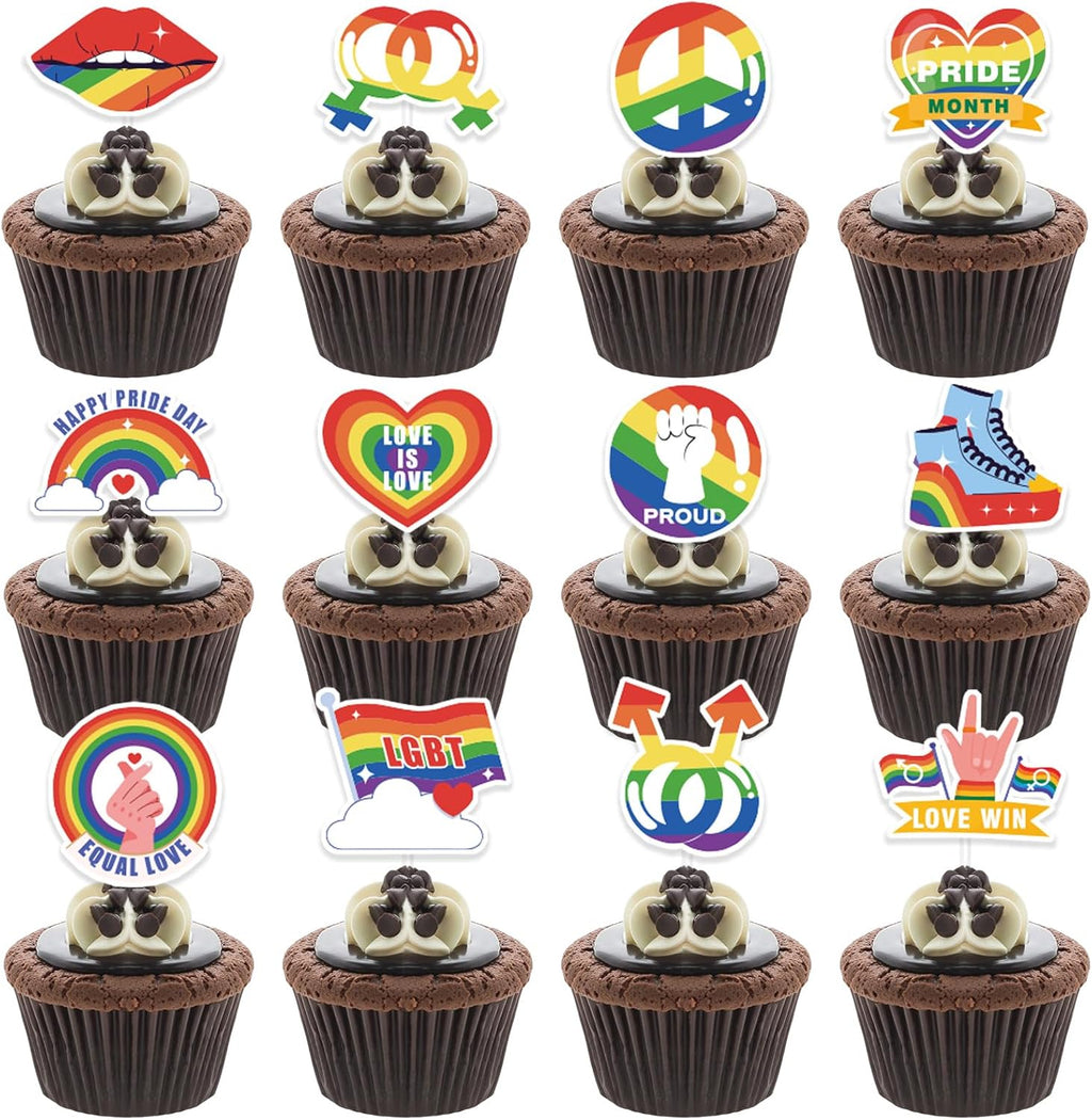 24Pcs Pride Day Cake Topper Rainbow LGBT Theme Dessert Cupcake Decorations Pride Month Party Supplies