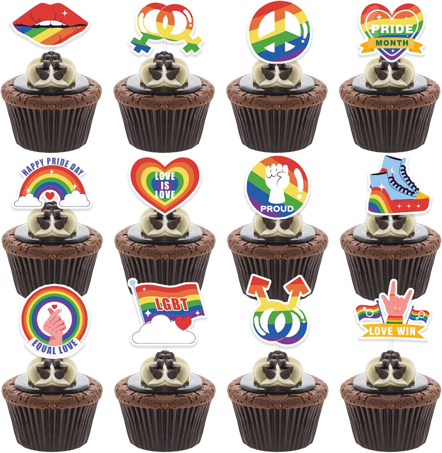 24Pcs Pride Day Cake Topper Rainbow LGBT Theme Dessert Cupcake Decorations Pride Month Party Supplies
