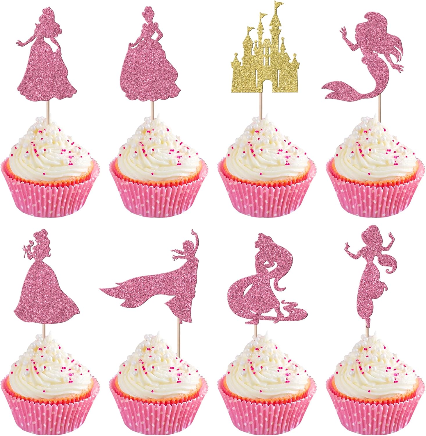 Rsstarxi 24 Pack Glitter Mermaid Theme Birthday Cupcake Toppers Princess Castle Girl Birthday Cupcake Toothpicks for Princess Mermaid Theme Baby Shower Birthday Party Cake Decorations Pink