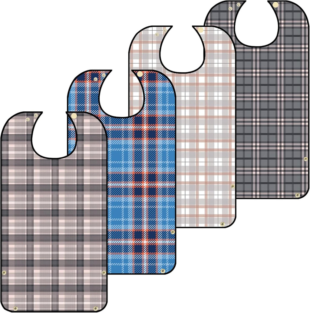 Adult Bibs for Eating Men Washable - 4 Packs Bib for Elderly with Crumb Catcher Reusable Clothing Protector Feeding for Seniors Citizens Dining Adjustable Snap Closure