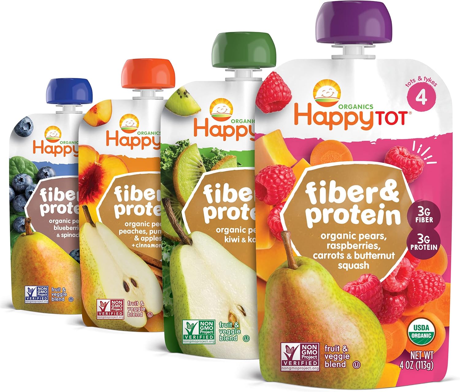 Happy Tot Organics Stage 4 Baby Food Pouches, Gluten Free, Vegan Snack, Fiber & Protein Fruit & Veggie Puree, Fruit & Veggie Variety Pack, 4 Ounce (Pack of 16)