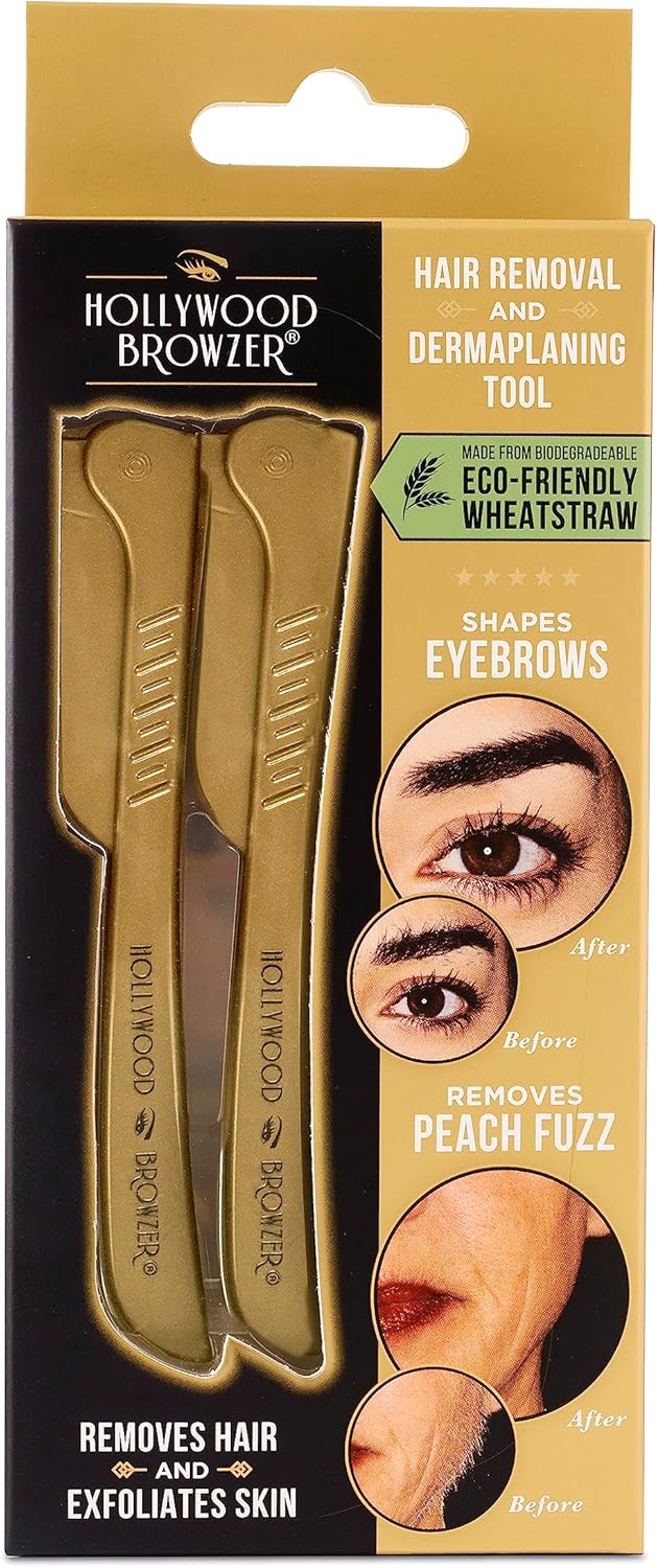 Hollywood Browzer Dermaplaning Face Razor for Women - Facial Hair Remover - Peach Fuzz - Eyebrow Shaper - Precision Blade Sensitive Skin Care for Upper Lip Chin -Travel Size Grooming Kit - Gold - 2 pc