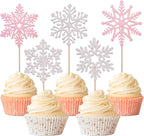 Rsstarxi 30 Pack Snowflake Cupcake Toppers Glitter Winter Frozen Theme Snowflake Cupcake Picks Decoration for Baby Shower Kids Birthday Christmas Party Decorations Supplies Silver and Pink