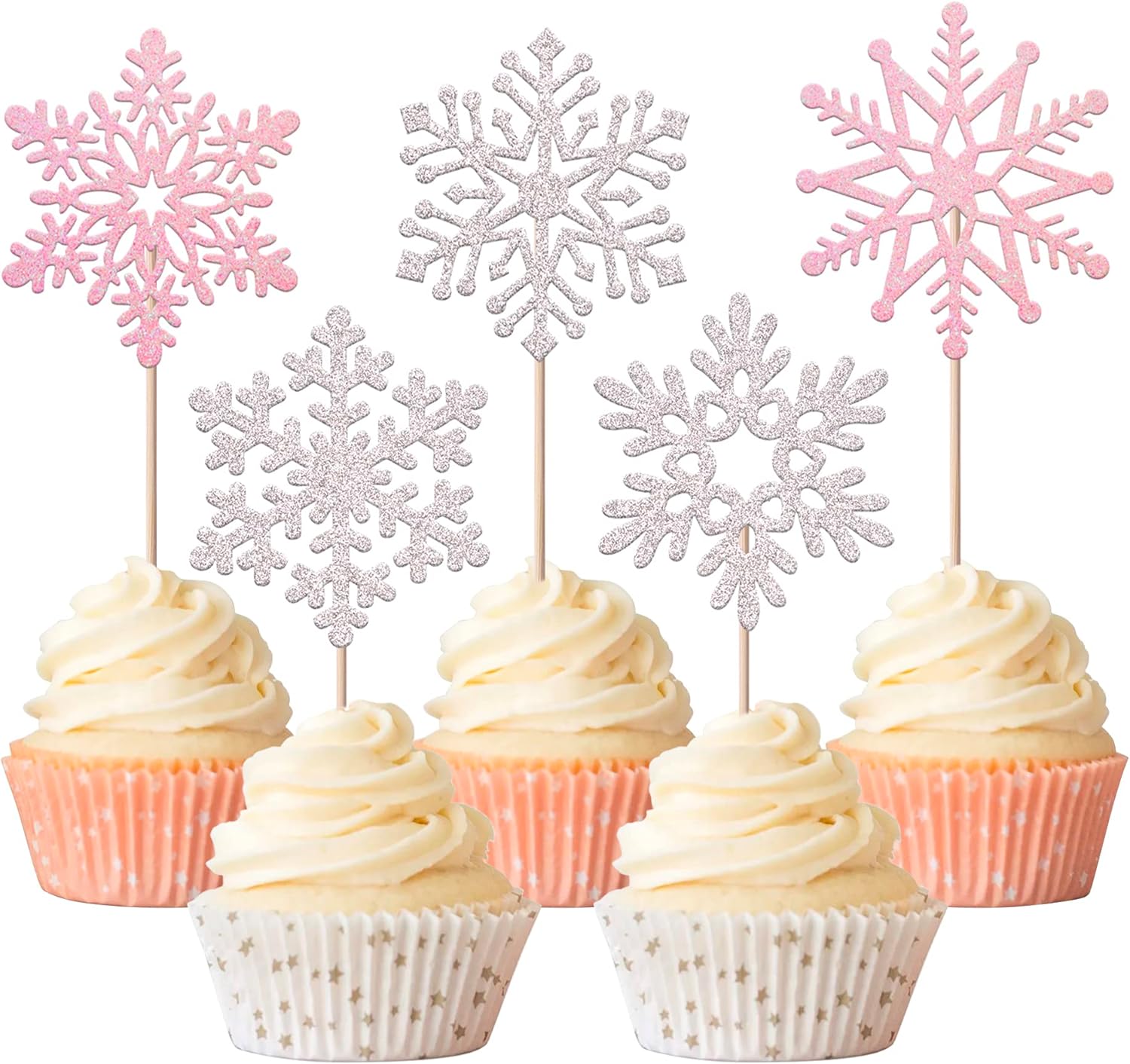 Rsstarxi 30 Pack Snowflake Cupcake Toppers Glitter Winter Frozen Theme Snowflake Cupcake Picks Decoration for Baby Shower Kids Birthday Christmas Party Decorations Supplies Silver and Pink