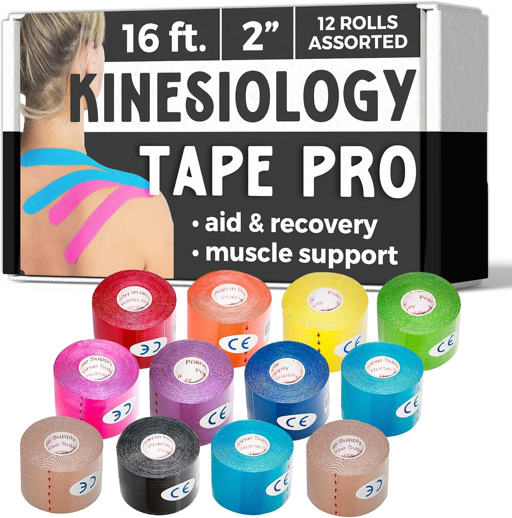 Prairie Horse Supply Kinesiology Tape Pro, Athletic Waterproof Muscle Support Adhesive Kinesio Sport Tape for Athletes 2 inches x 16.4 feet, 12 Rolls, Assorted