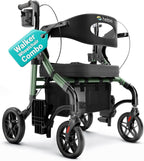 Helavo 2 in 1 Walker Wheelchair Combo with 10" All Terrain Wheels, Lightweight Rollator Transport Chair Combo, 300 lbs Load Capacity with Adjustable Height