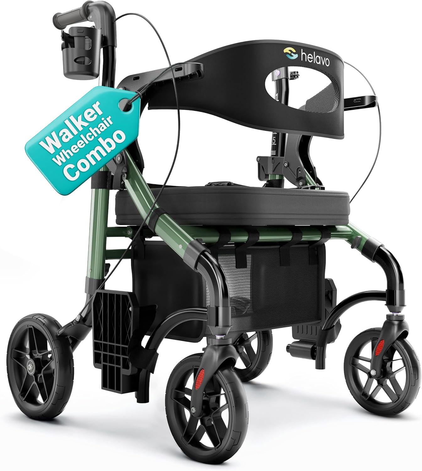 Helavo 2 in 1 Walker Wheelchair Combo with 10" All Terrain Wheels, Lightweight Rollator Transport Chair Combo, 300 lbs Load Capacity with Adjustable Height