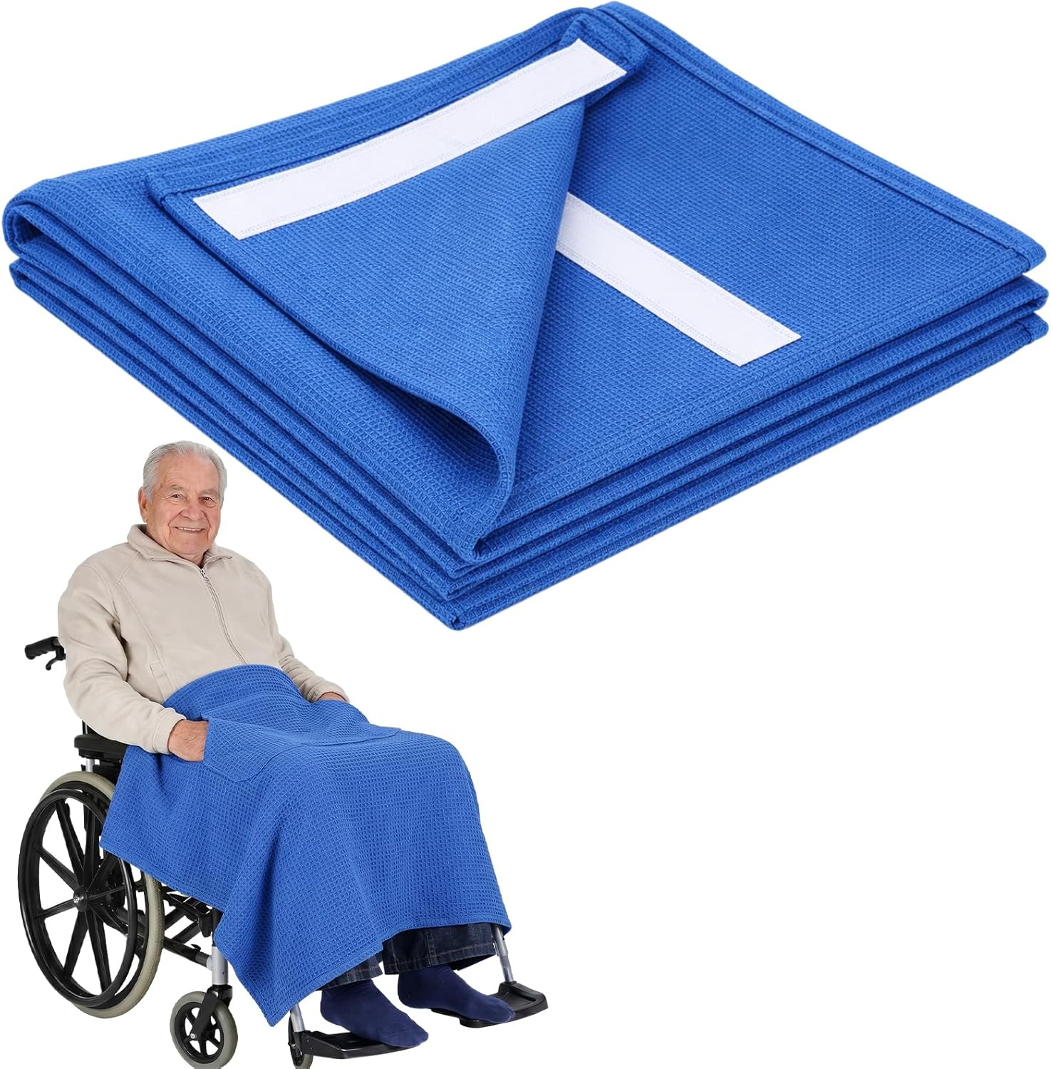 43.3" x 39.3" Lightweight Wheelchair Blanket Waffle Weave Lap Blanket with 6 Straps and Pocket Blue Throw Wheelchair Accessories for Adults Seniors Airplane Train Travel Elderly Gifts