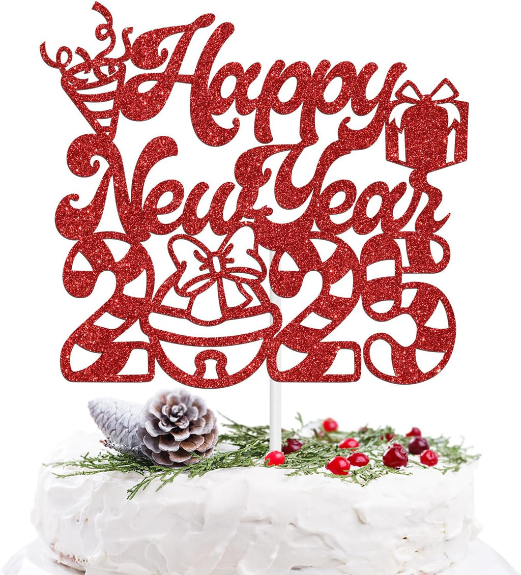 Happy New Year 2025 Cake Topper - Winter Xmas Holiday Cake Decor, Merry Christmas Santa Hello 2025 New Year Eve Party Decorations Supplies, Red Glitter