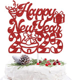 Happy New Year 2025 Cake Topper - Winter Xmas Holiday Cake Decor, Merry Christmas Santa Hello 2025 New Year Eve Party Decorations Supplies, Red Glitter