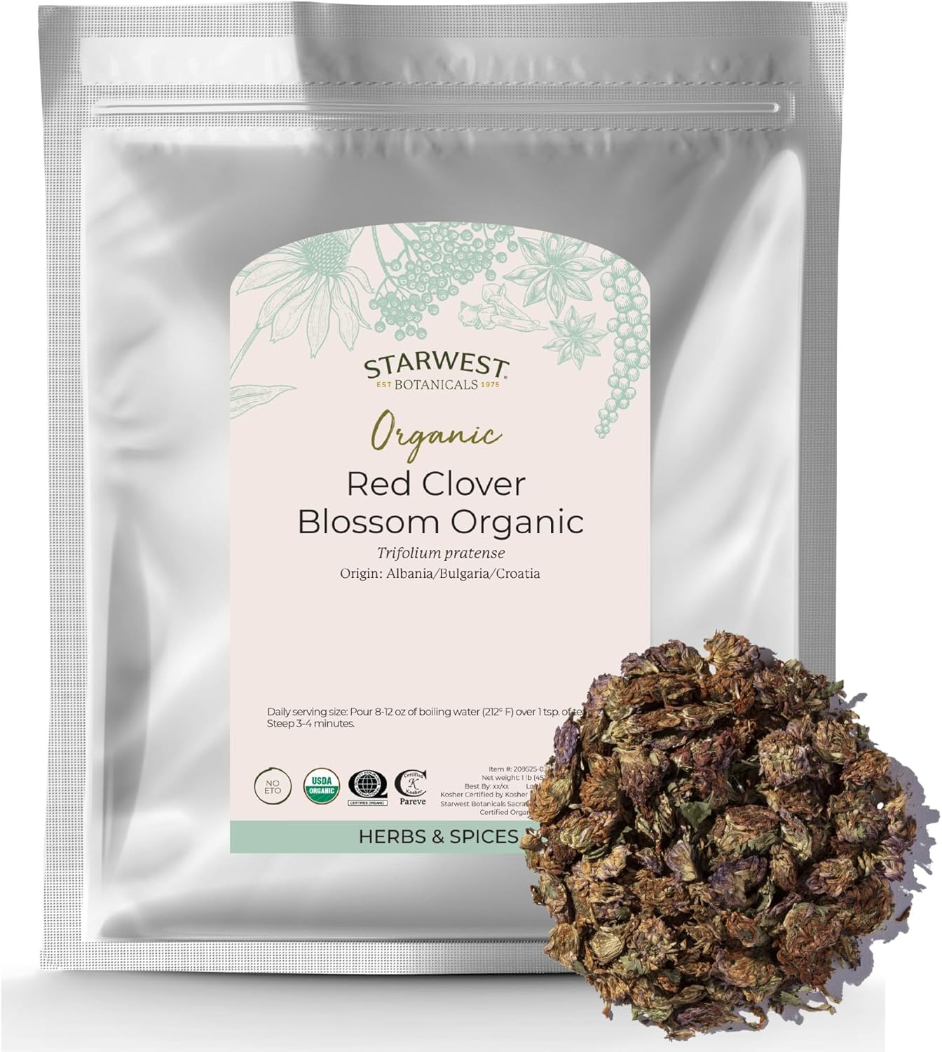 Starwest Botanicals Red Clover Blossoms Whole Organic - Dried Loose Leaf Herb for Tea, Edible Flowers, Certified Kosher, Non-GMO - Bulk 1 lb Bag
