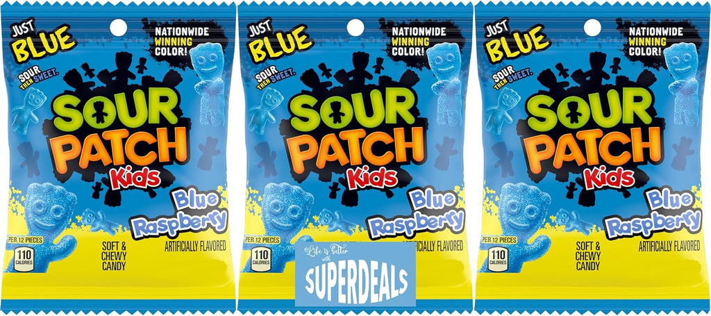 Sour Patch Kids (Pack of 3) Soft and Chewy Candy bundled by SUPERDEALS with Mystery Gift (8 oz, Blue Raspberry)