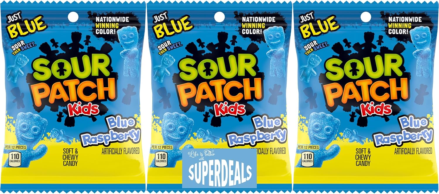Sour Patch Kids (Pack of 3) Soft and Chewy Candy bundled by SUPERDEALS with Mystery Gift (8 oz, Blue Raspberry)