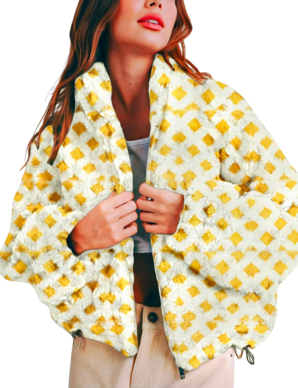 Esmeling Women’s Long Sleeve Cropped Sherpa Fleece Plaid Jacket Casual Chunky Teddy Fleece Outerwear