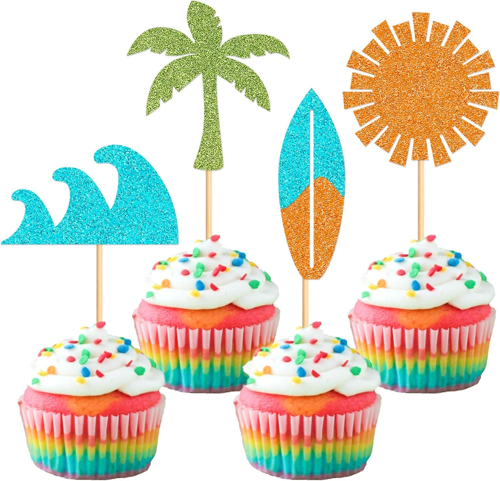 Ercadio 32 PCS Summer Beach Cupcake Toppers Coconut Palm Sun Surfboard Ocean Wave Cake Picks Baby Shower Hawaii Beach Pool Theme Birthday Party Cake Decorations Supplies