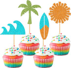 Ercadio 32 PCS Summer Beach Cupcake Toppers Coconut Palm Sun Surfboard Ocean Wave Cake Picks Baby Shower Hawaii Beach Pool Theme Birthday Party Cake Decorations Supplies