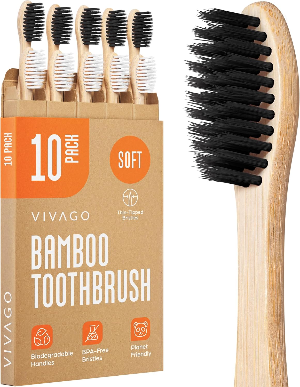 VIVAGO Soft Flossing Bamboo Toothbrushes 10 Pack - BPA Free Soft Bristles Toothbrushes for Adults, Natural Wooden Toothbrush