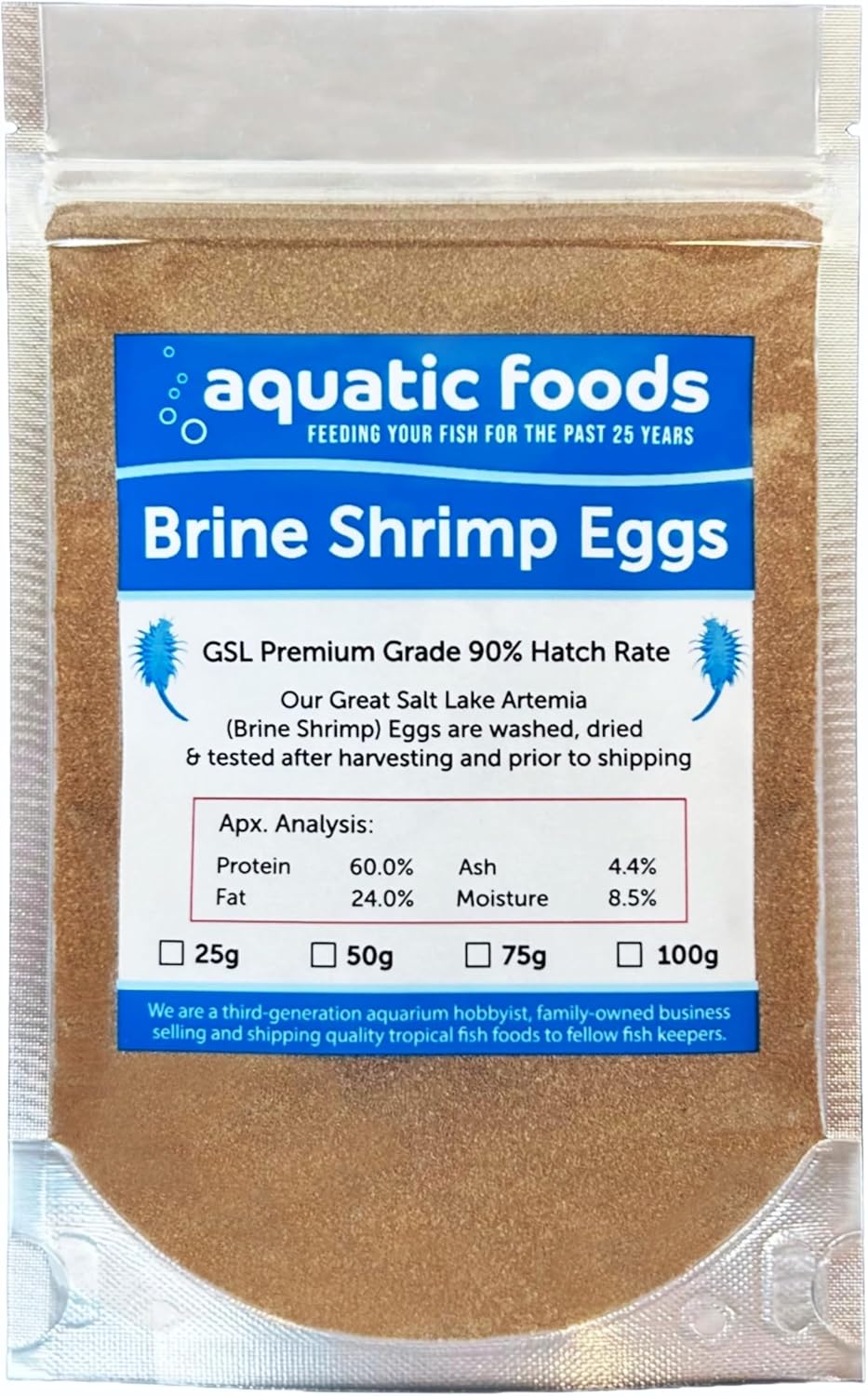 Aquatic Foods Inc. Brine Shrimp Eggs Premium Grade 90% Hatch Rate, Great Salt Lake Artemia Brine Shrimp Eggs. - 25 Grams - .88oz