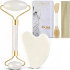 Real Perfection Gua Sha Facial Tools Face Roller for Wrinkles Jade Roller and Gua Sha Set, Scrubber Pore Brush Headband Skin Care Tools for Travel Skincare Routine Massaging Reducing Puffiness - White
