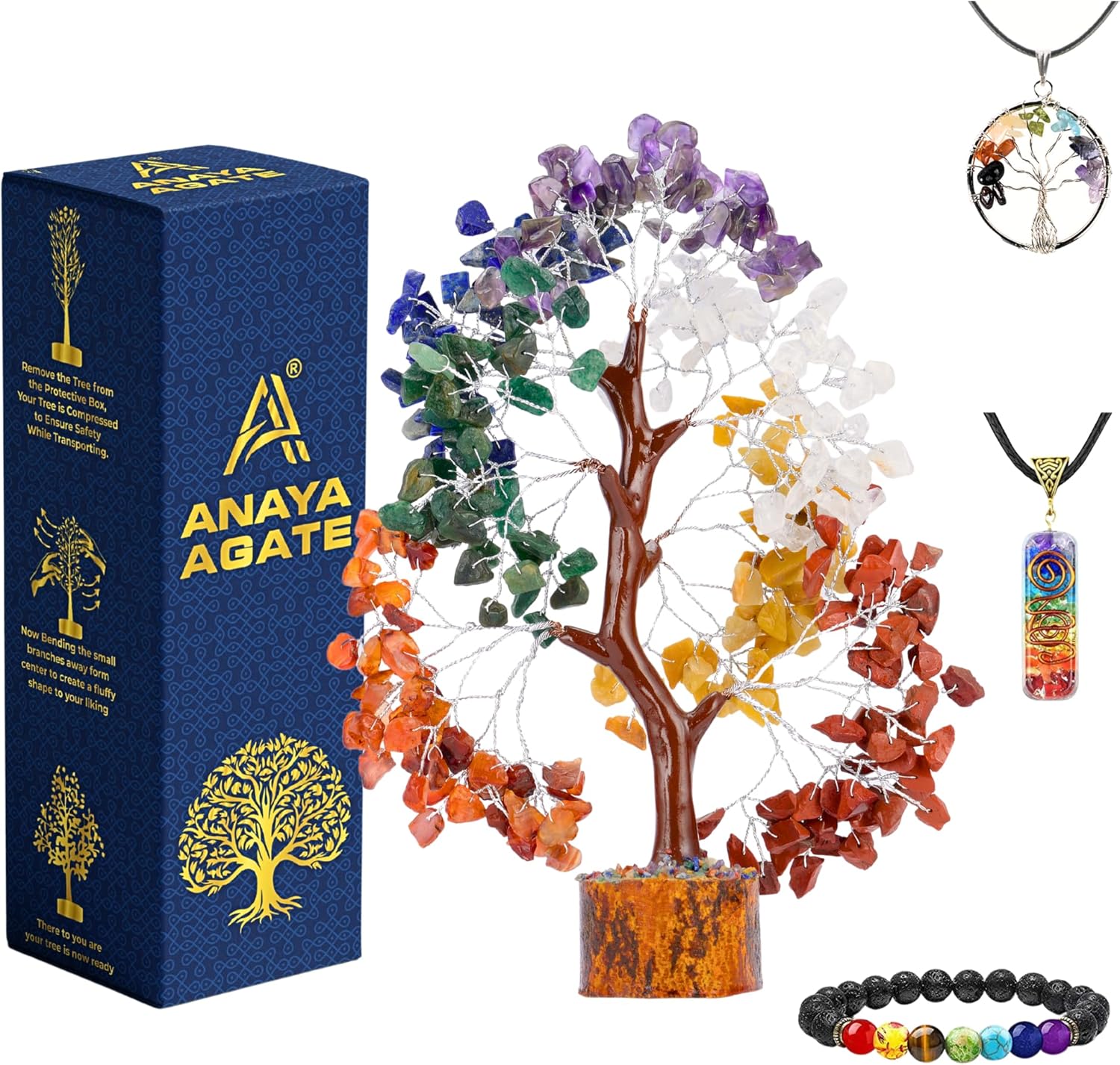 ANAYA AGATE 7 Chakra Healing Crystal Tree of Life Kit, Bracelet, Pendant, Necklace, Feng Shui Money Bonsai Tree, Positive Energy for Women, Mom, Sister and Housewarming Decoration