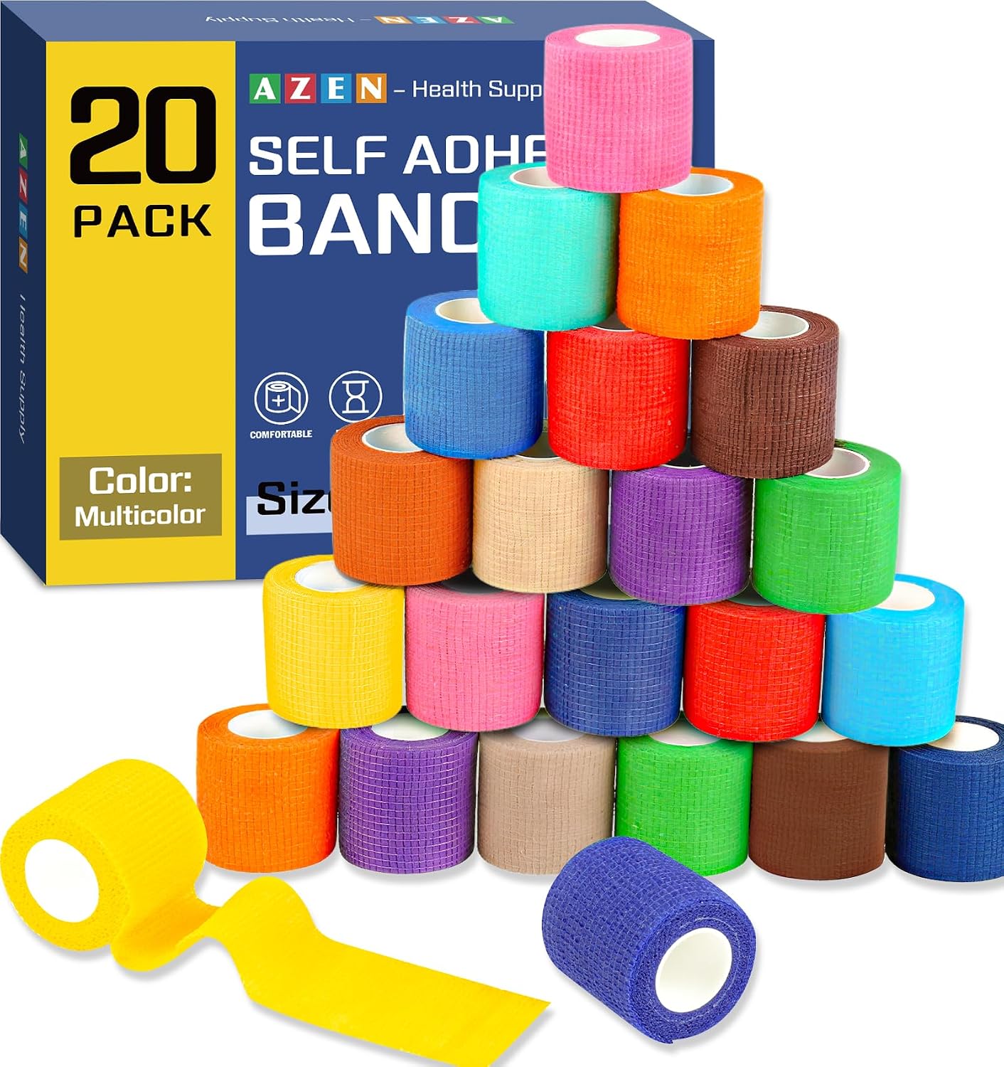 AZEN 20 Pack Self Adhesive Bandage Wrap, Elastic Cohesive Bandage Wrap, Color Athletic Tape, Vet Wrap, Ankle Tape