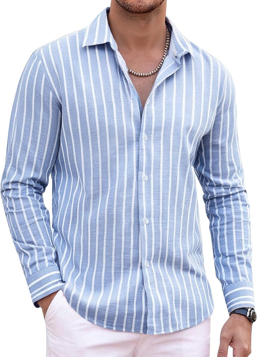 Alex Vando Mens Linen Long Sleeve Casual Button Down Shirt for Men Beach Wedding Shirts