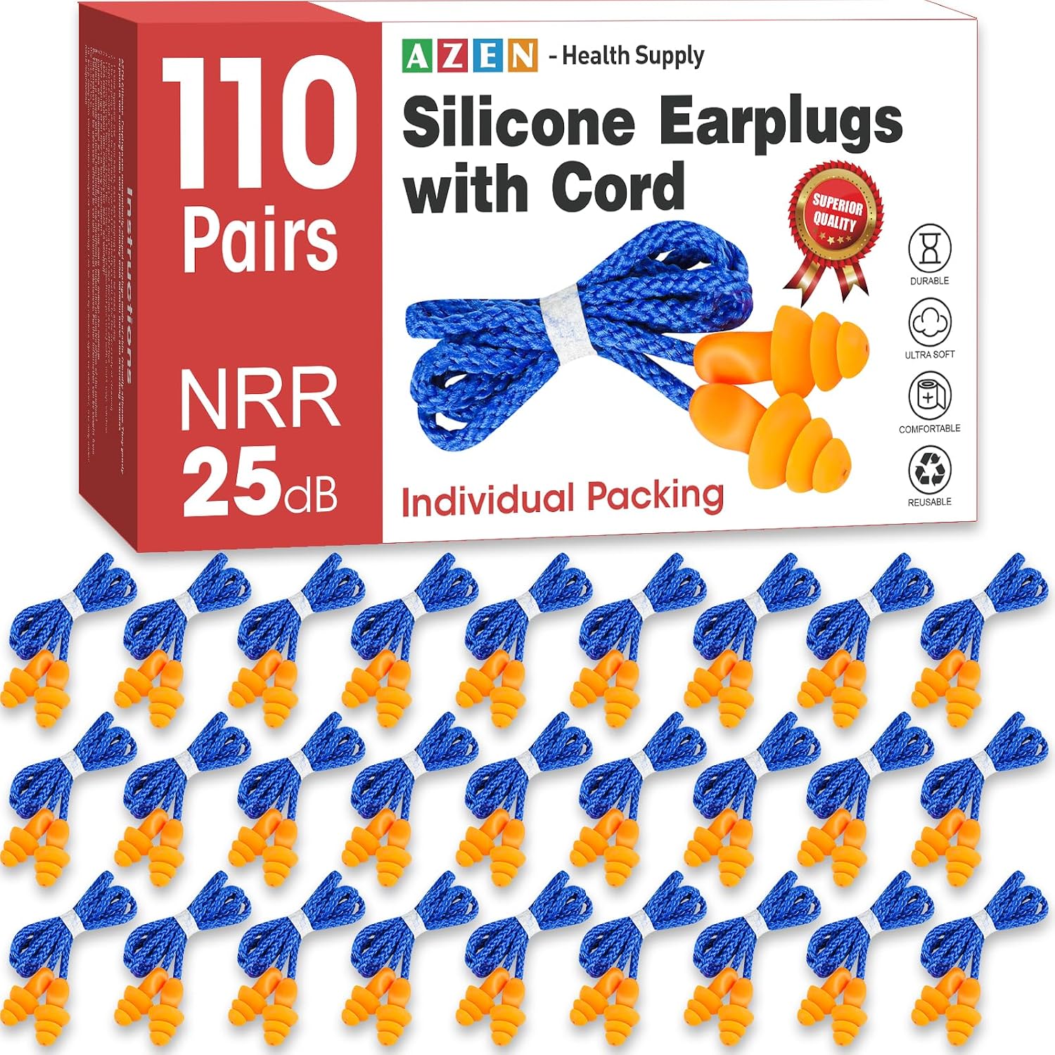 AZEN 110 Pairs Silicone Ear Plugs, Reusable Earplugs for Noise Reduction, 25dB NRR Corded Ear Plug for Sleeping Noise Cancelling, Ear Plug with String Individual Packing
