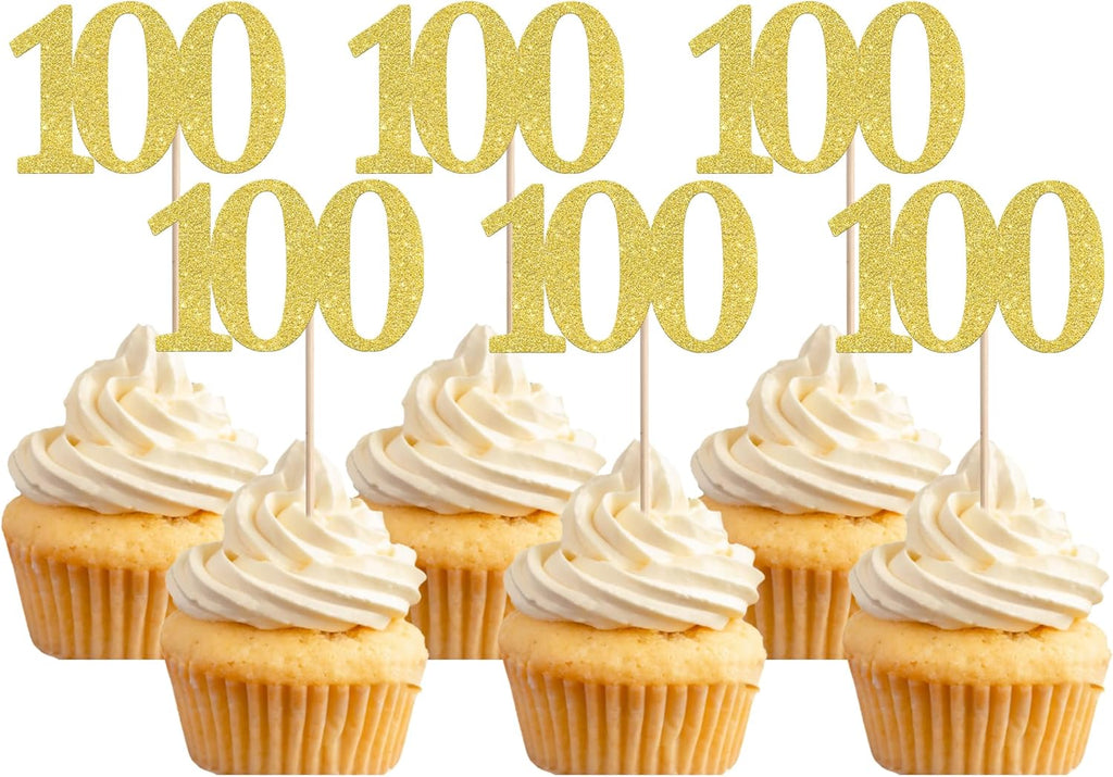 Rsstarxi 36 Pack Number 100 Cupcake Toppers Gold Glitter Cheers to 100 Years Birthday Cupcake Picks Decoration for Happy 100th Birthday Wedding Anniversary Party Cake Decorations