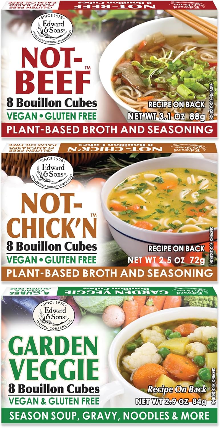 Edward & Sons Vegan Chicken Beef Vegetable Bouillon Cubes - Vegan Broth, Gluten Free Stock, No Trans Fat, Use in Soups, Stews and Pilafs (8 Cubes of Each)