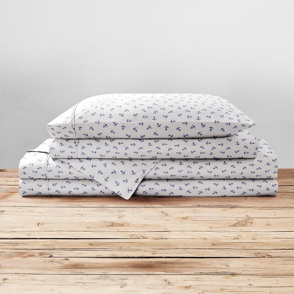 Brielle Home Printed 100% Cotton Percale Sheet Set, Anchors Navy, King