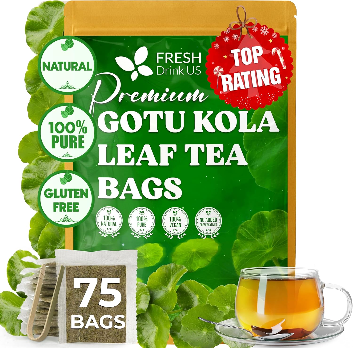 FreshDrinkUS, Premium Gotu Kola Leaf Tea – 75 Tea Bags | Pure Dried Centella Asiatica Leaves | Naturally Caffeine-Free Herbal Tea | Refreshing Aroma & Smooth Taste | Premium Herbal Infusion. Vegan