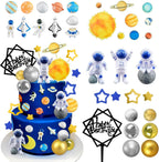 40PCS Astronaut Cake Toppers - Outer Space Astronaut Figurine Meteorite Planet Rocket Stars and Gold Silver Ball Space Theme Cake Decorations