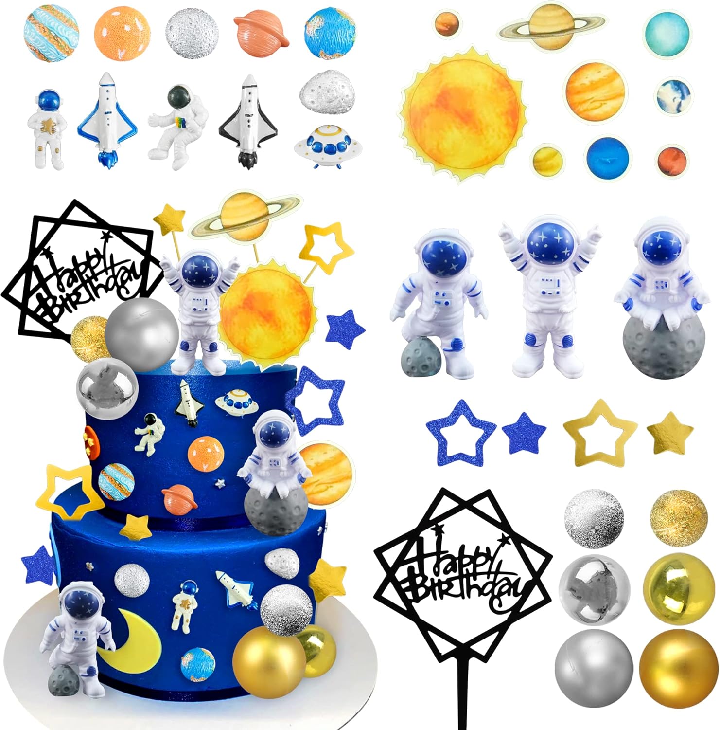 40PCS Astronaut Cake Toppers - Outer Space Astronaut Figurine Meteorite Planet Rocket Stars and Gold Silver Ball Space Theme Cake Decorations