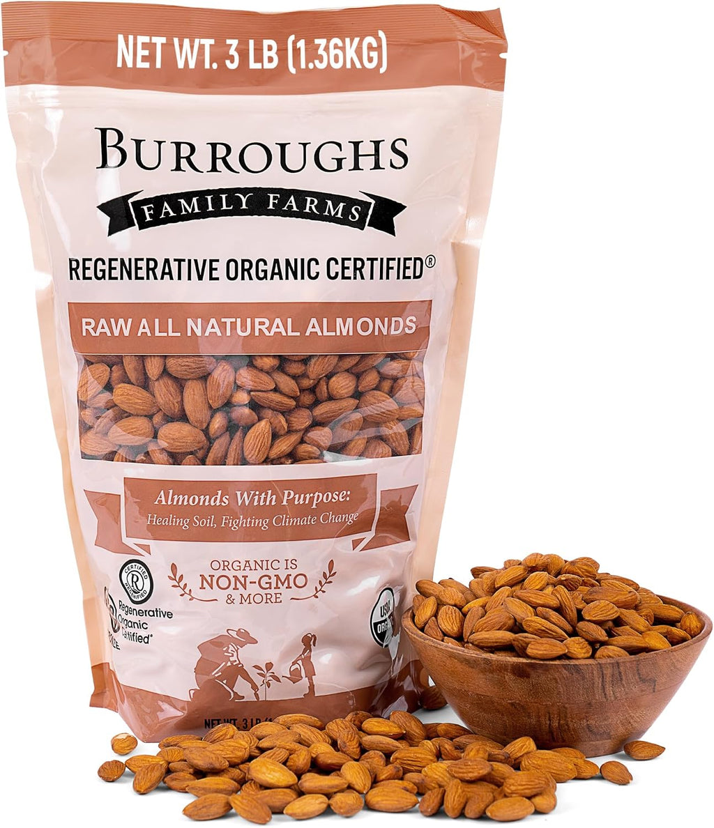 Burroughs Family Farms 3 lb USDA Organic Raw Almonds – First Regenerative Organic Certified Farm – Gluten-Free, Non-GMO, Vegan, Paleo & Keto-Friendly Almond Nuts – High in Protein & Nutrients Versus Other Nuts, Great for Almond Milk