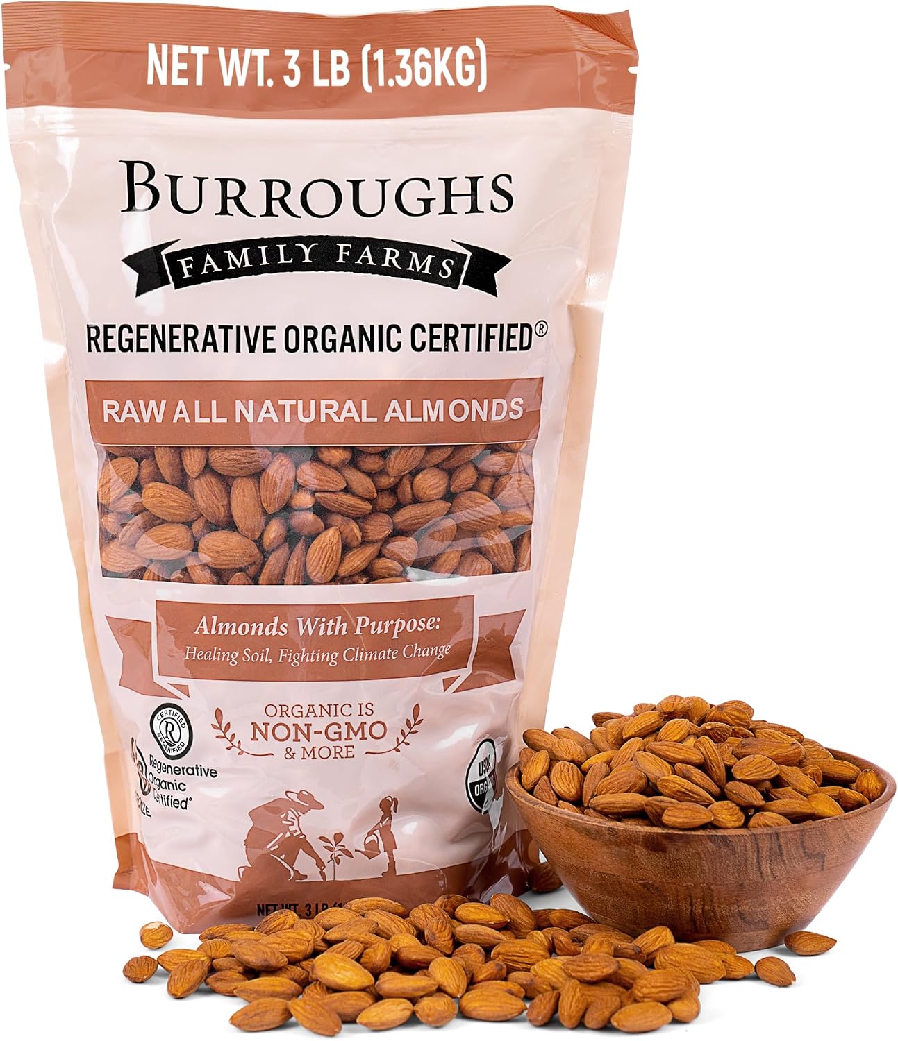 Burroughs Family Farms 3 lb USDA Organic Raw Almonds – First Regenerative Organic Certified Farm – Gluten-Free, Non-GMO, Vegan, Paleo & Keto-Friendly Almond Nuts – High in Protein & Nutrients Versus Other Nuts, Great for Almond Milk