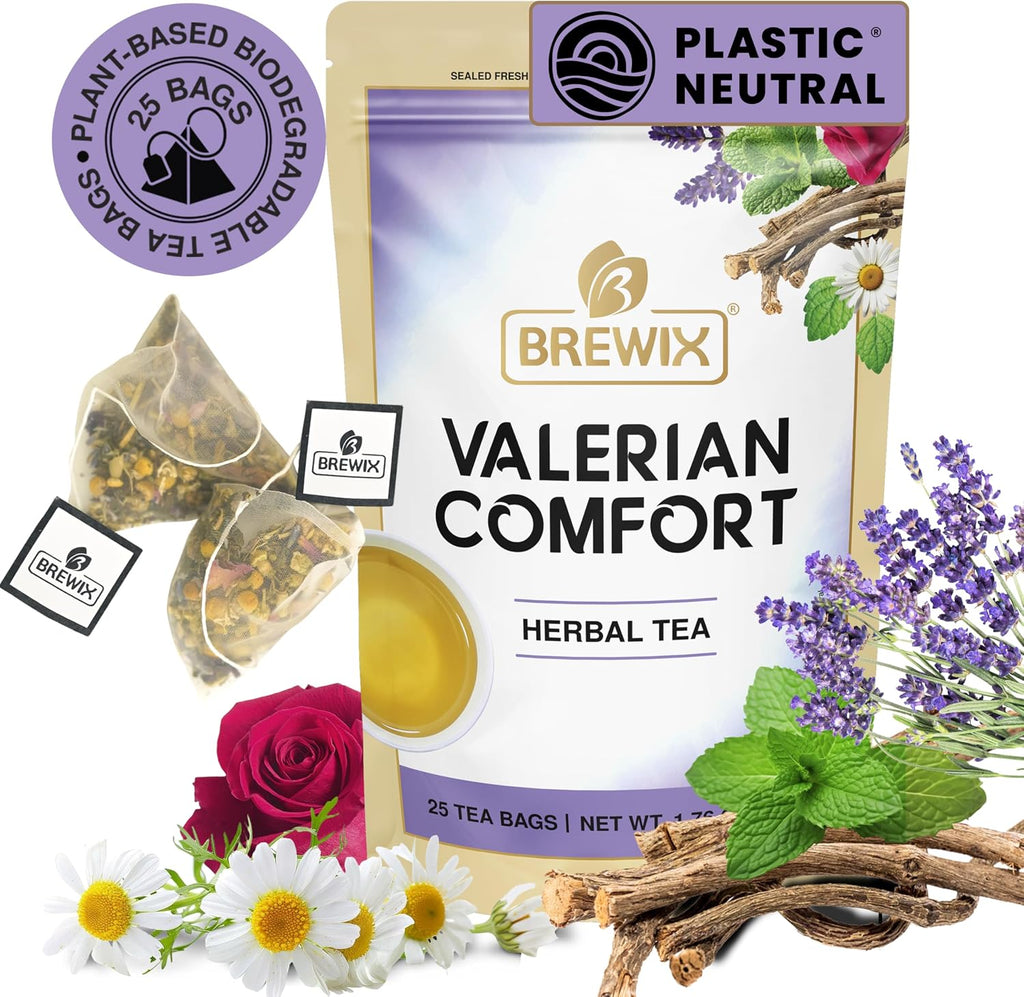 BREWIX, Valerian Comfort Tea (25 Pyramid Bags) Caffeine-Free for Bedtime | Valerian Root, Chamomile & Lavender | Perfect Evening Brew