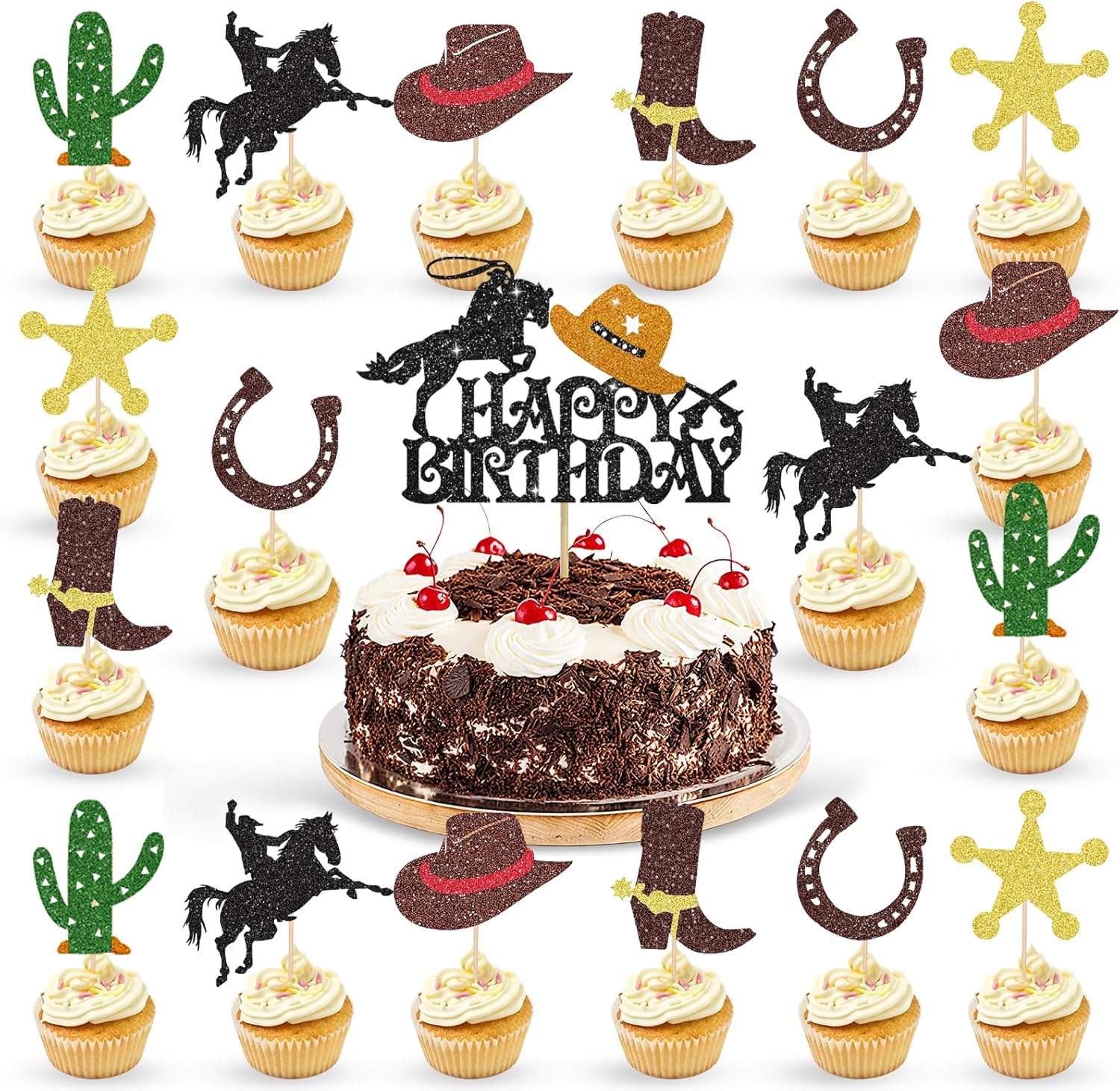 37 Pcs Cowboy Happy Birthday Cake Toppers -Western Birthday Decorations Signs Cupcake Toppers Party Decorations, Glitter Cowboy Themed Party Supplies Decor for Kids, Boys, Girls, Baby Showers