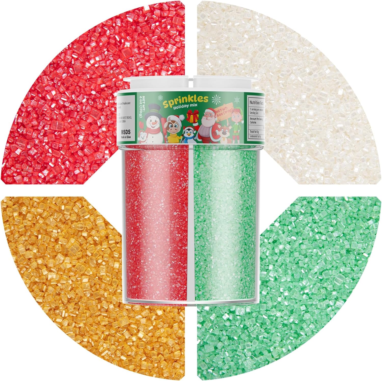 Christmas Edible Sanding Sugar Sprinkles, 6oz Coarse Sparkling Sugar with Red, Green, Gold, White, Perfect for Cake Sprinkles and Toppings, Edible Sprinkles for Cake Decorating, Cupcakes & Cookies
