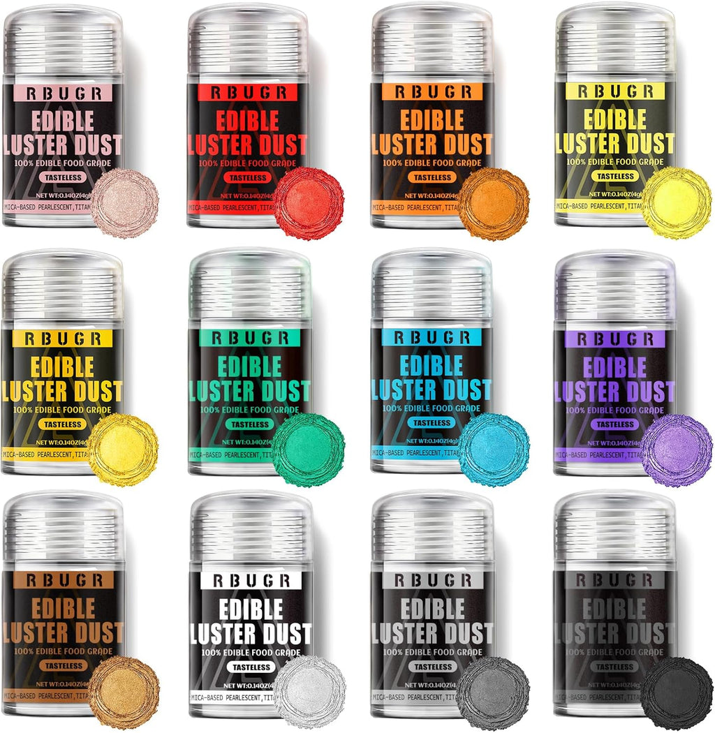 RBUGR Luster Dust Edible, 12 Colors Edible Glitter Pack, Cocktail Food Glitter Edible Dust, Vegan Edible Shimmer, Drink Powder for Cakes Cookies Chocolates Baking（4g/0.14oz）