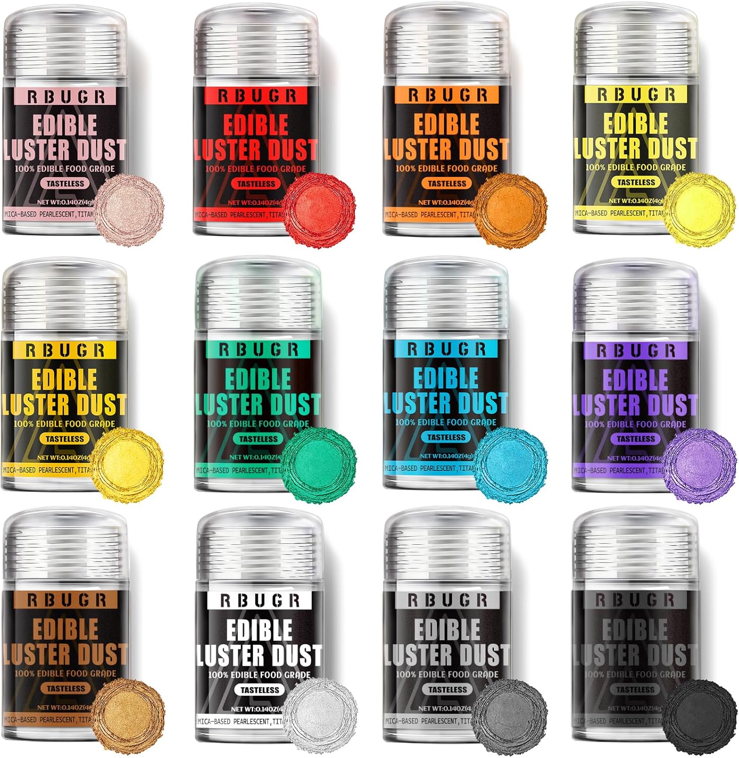 RBUGR Luster Dust Edible, 12 Colors Edible Glitter Pack, Cocktail Food Glitter Edible Dust, Vegan Edible Shimmer, Drink Powder for Cakes Cookies Chocolates Baking（4g/0.14oz）
