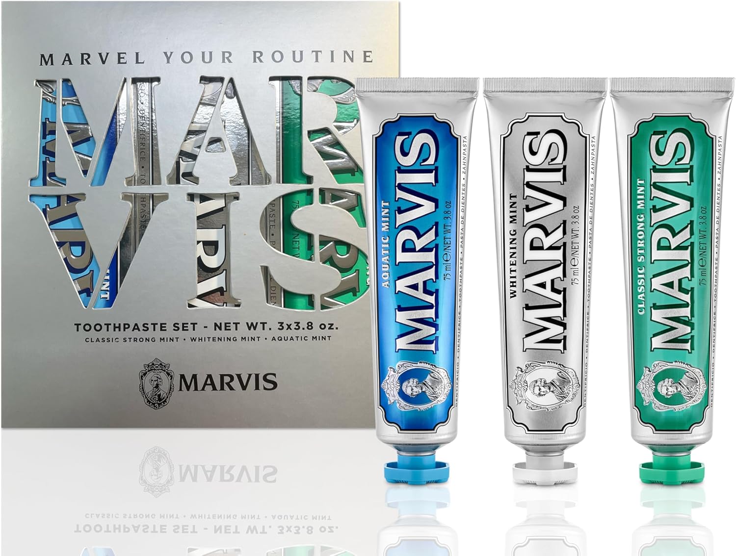 Marvis Best Sellers Trio, Classic Strong Mint, Whitening Mint, Aquatic Mint, 3 Tubes 75ml/3.8oz Each