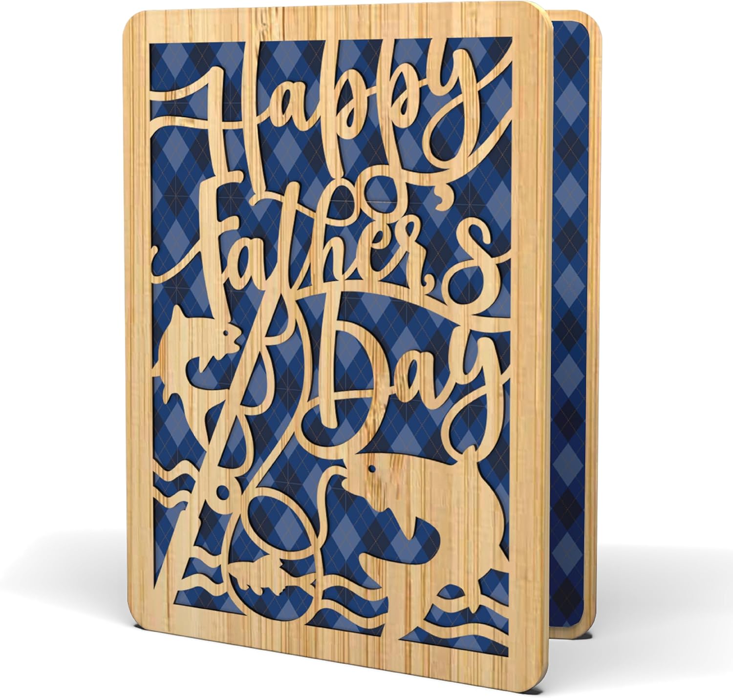 Wooden Happy Fathers Day Card - | Made From Real Bamboo | 5" X 7" - 1 Pack | Laser Cut Fishing Themed Father's Day Card For Husband, Son, Dad, Grandpa, Brother, Uncle etc.