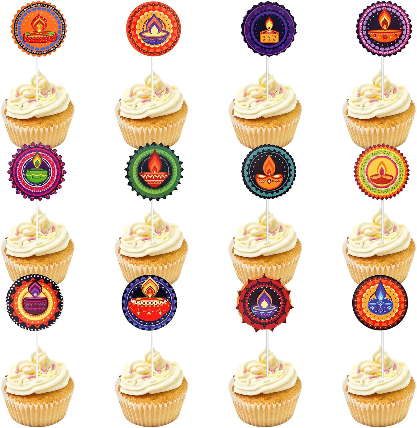 24Pcs Diwali Cupcake Toppers Set, Happy Diwali Diyas Cake Dessert Toppers Cupcake Picks Indian Festival of Lights Birthday Deepavali Party Decorations Decor Supplies
