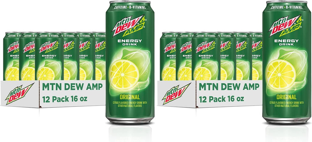 Mtn Dew AMP Energy,Original,Energy Drink with Caffeine,B Vitamins,16 fl oz cans,(Pack of 24)