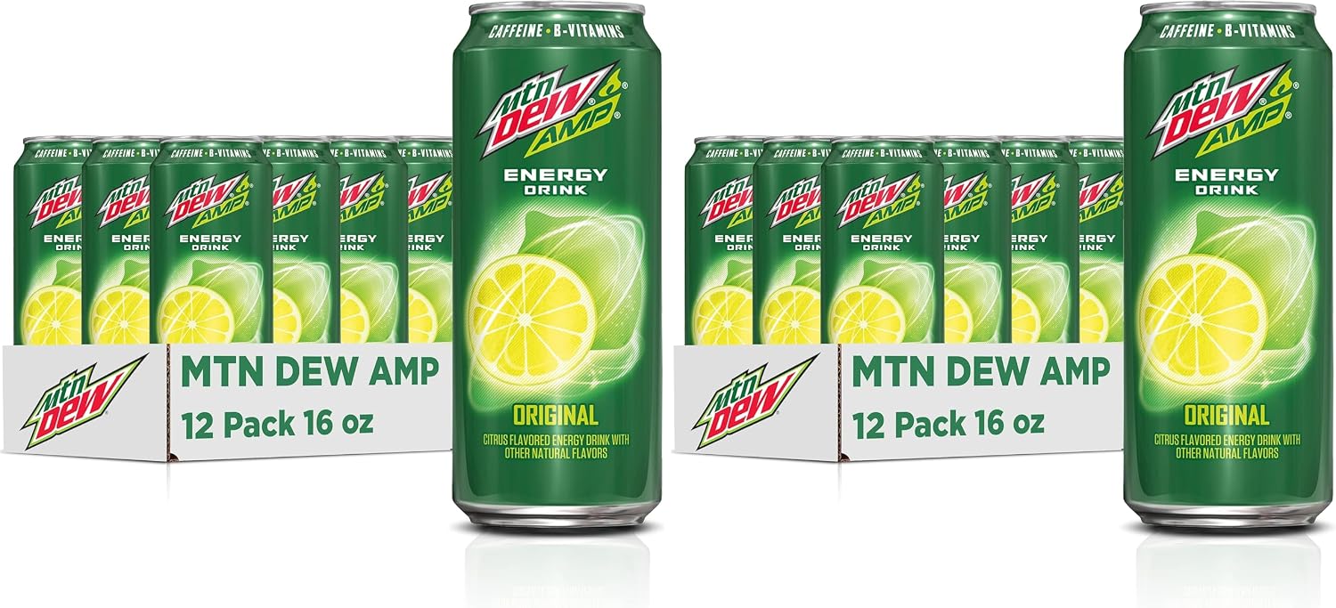Mtn Dew AMP Energy,Original,Energy Drink with Caffeine,B Vitamins,16 fl oz cans,(Pack of 24)