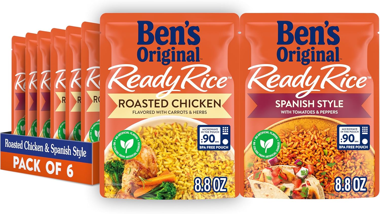 BEN'S ORIGINAL Ready Rice Roasted Chicken and Spanish Style Flavored Rice Variety Pack, Easy Dinner Sides, 8.8 OZ Pouch (Pack of 6)