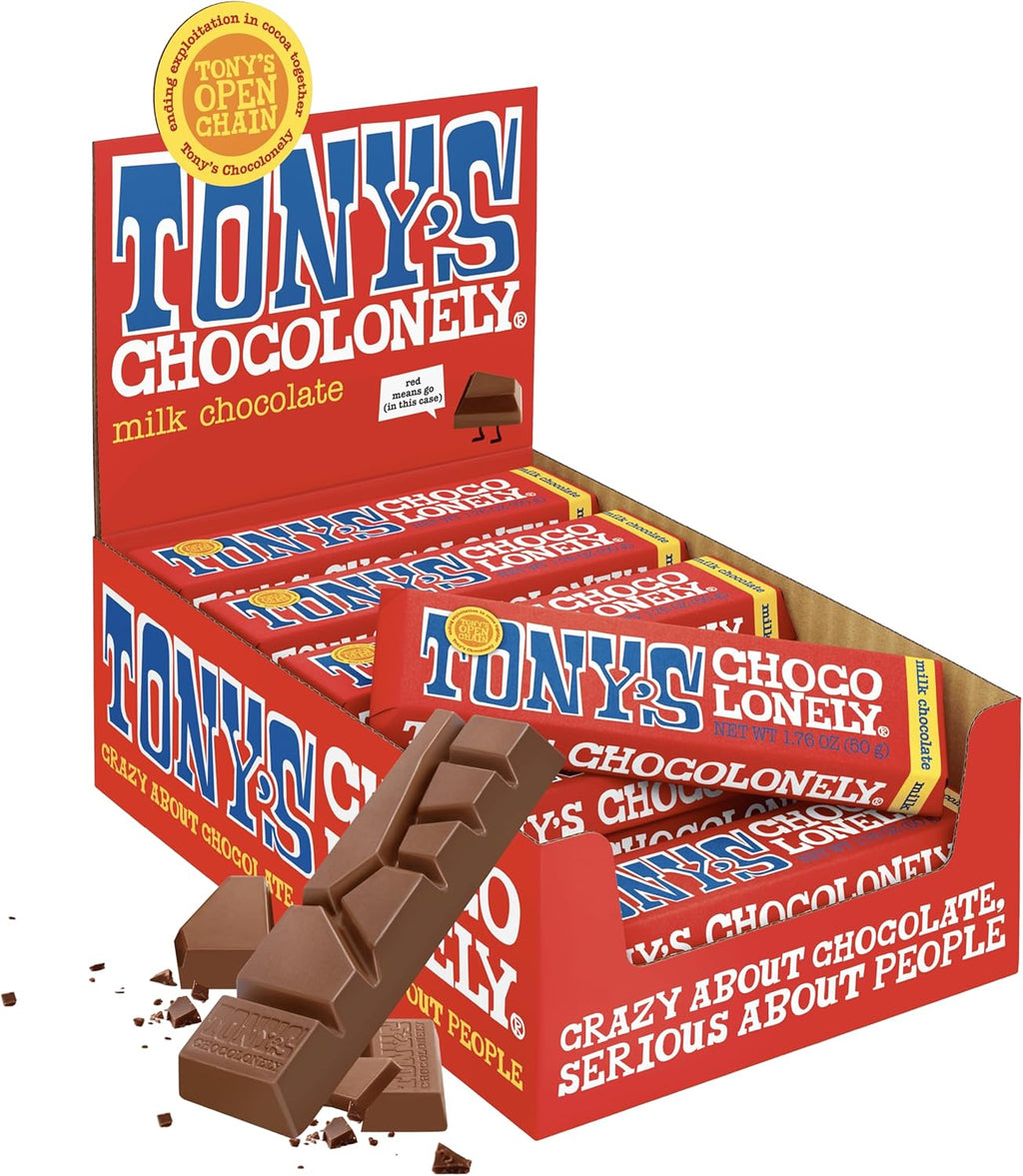 Tony’s Chocolonely Belgian Milk Chocolate Candy Bar, Pure Chocolate Bars for Snacks, Party Favors, Gifts, or Gift Basket, 32% Cacao, Made From Quality Fairtrade Cocoa, 20 Bars, 1.76 Oz Each