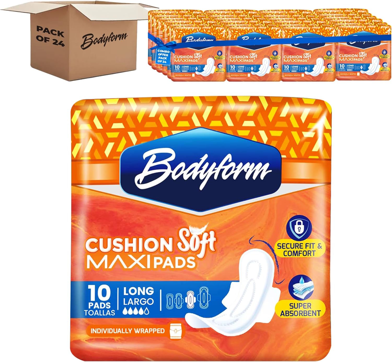 Bodyform Maxi - Value Sanitary Napkins, Cushion Soft Always Comfortable and Ultra-Absorbent (Long, 240 Count (24 Packs of 10 Counts))